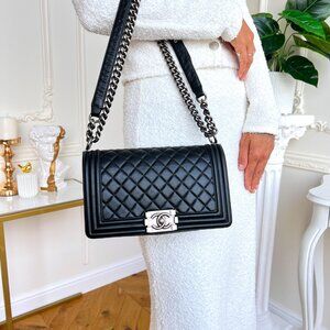 Authentic Chanel Old Boy Calfskin Black leather Crossbody Rutinium B0731